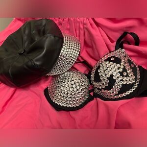 Custom Selena Black Rhinestone Bra and Cap Set